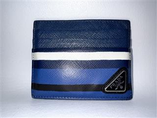 PRADA PRINTED SAFFIANO LEATHER CARD HOLDER BLUE STRIPE 2MC223